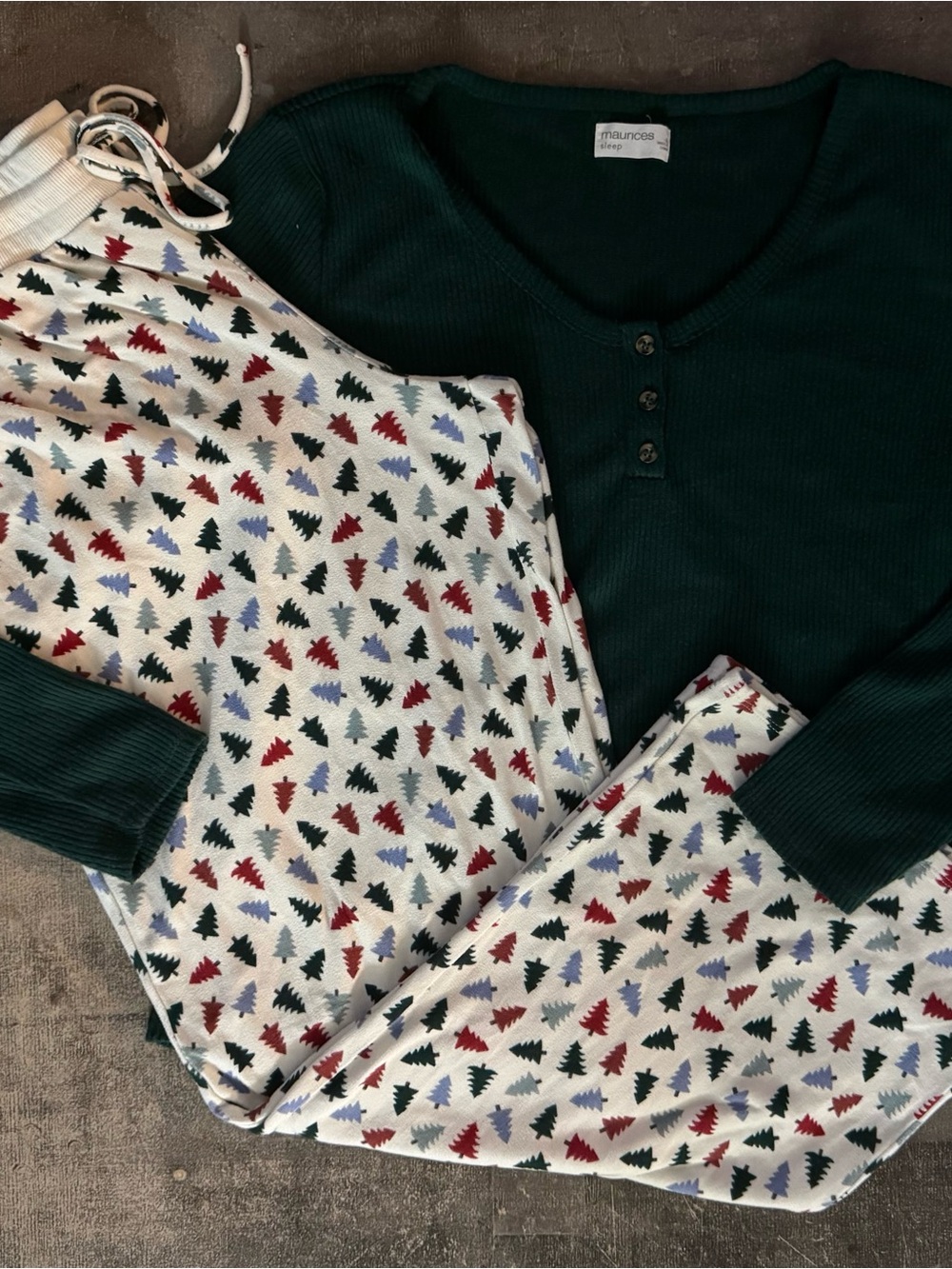 Maurices Large Forest Green Waffle Knit Top with Holiday Tree Print Pants